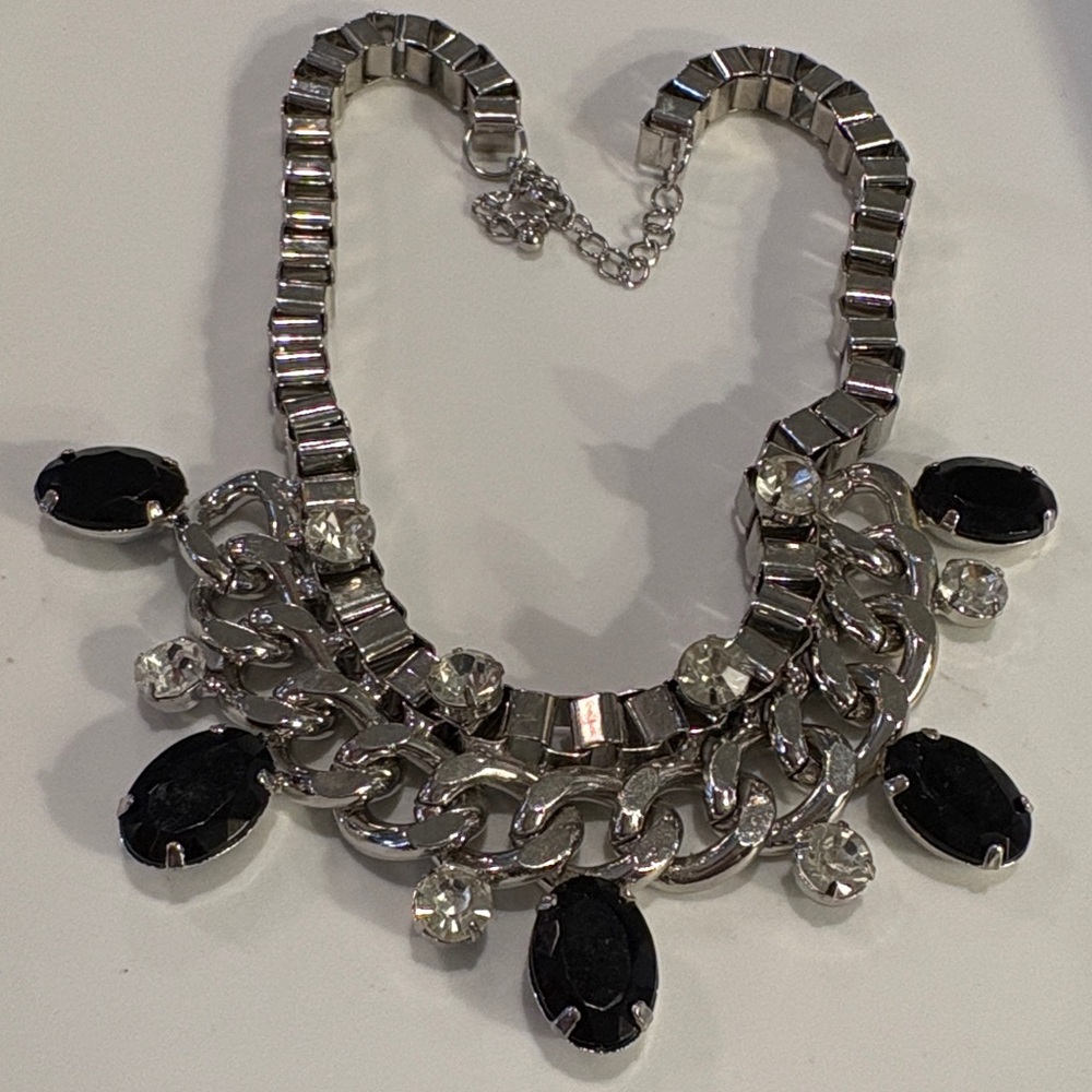 Chunky Black & Silver Large Rhinestone Bib Statement Necklace Collar